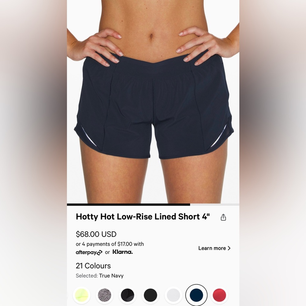 hottie hot low rise 4 inch size 2 shorts from lululemon! in navy.